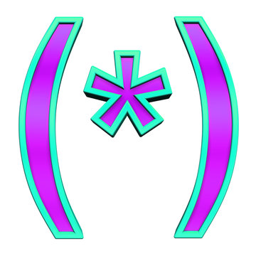 Parenthesis, asterisk from purple glass with blue frame alphabet set, isolated on white. Computer generated 3D photo rendering.