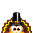 Cartoon turkey in a pilgrim hat. Card for Thanksgiving Day