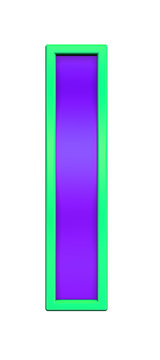 One letter from violet glass with green frame alphabet set, isolated on white. Computer generated 3D photo rendering.