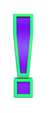 Exclamation mark sign from violet glass with green frame alphabet set, isolated on white. Computer generated 3D photo rendering.