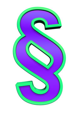 Paragraph sign from violet glass with green frame alphabet set, isolated on white. Computer generated 3D photo rendering.