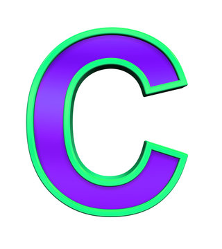 One letter from violet glass with green frame alphabet set, isolated on white. Computer generated 3D photo rendering.