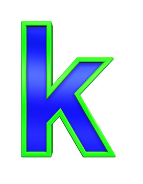 One lower case letter from blue glass with green frame alphabet set, isolated on white. Computer generated 3D photo rendering.