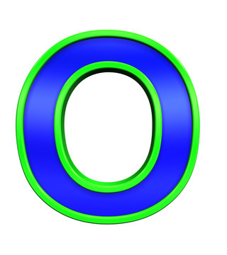 One letter from blue glass with green frame alphabet set, isolated on white. Computer generated 3D photo rendering.