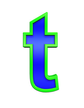 One lower case letter from blue glass with green frame alphabet set, isolated on white. Computer generated 3D photo rendering.