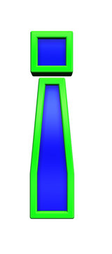 Exclamation mark sign from blue glass with green frame alphabet set, isolated on white. Computer generated 3D photo rendering.