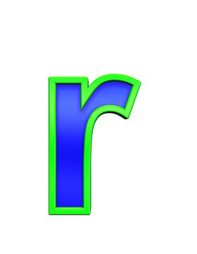 One lower case letter from blue glass with green frame alphabet set, isolated on white. Computer generated 3D photo rendering.