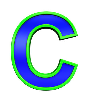 One lower case letter from blue glass with green frame alphabet set, isolated on white. Computer generated 3D photo rendering.