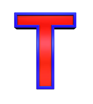 One letter from red glass with blue frame alphabet set, isolated on white. Computer generated 3D photo rendering.