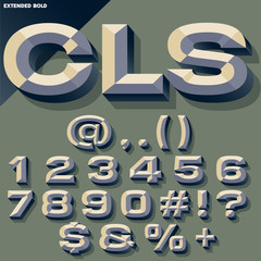 Vector set of old school bold beveled numbers and symbols. Simple colored version
