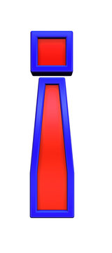 Exclamation mark sign from red glass with blue frame alphabet set, isolated on white. Computer generated 3D photo rendering.