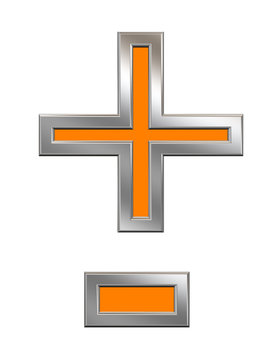Hyphen, minus, plus marks from orange with chrome frame alphabet set, isolated on white. Computer generated 3D photo rendering.