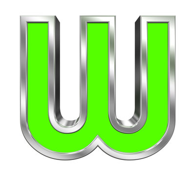 One letter from green with chrome frame alphabet set, isolated on white. Computer generated 3D photo rendering.