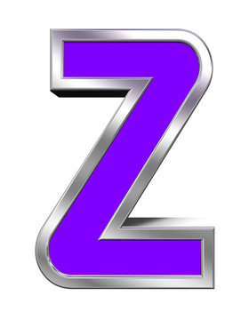 One letter from purple with chrome frame alphabet set, isolated on white. Computer generated 3D photo rendering.