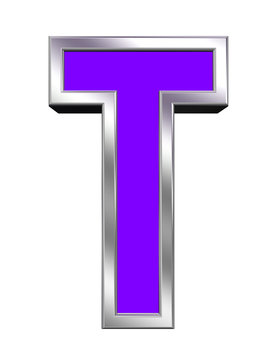 One letter from purple with chrome frame alphabet set, isolated on white. Computer generated 3D photo rendering.