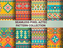 Collection Of Bright Seamless Pixel Patterns In Tribal Style. Aztec Geometric Triangle And Chevron Patterns. Pantone Colors.