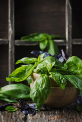 Wall Mural - Bunch of fresh basil on the vintage table