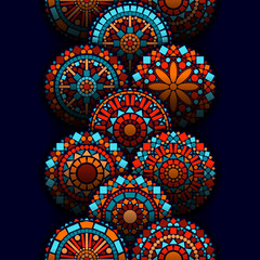 Wall Mural - Colorful circle flower mandalas geometric seamless border in blue red and orange, vector