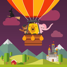 Happy Cartoon Animals Flying On Hot Air Balloon