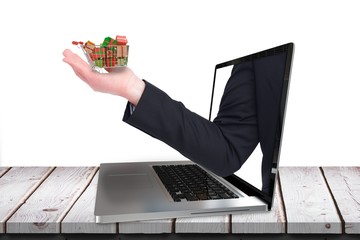 Poster - Composite image of businessman holding his hand out