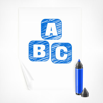 Blue marker and letters symbol on paper sheet, vector