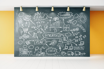 Wall Mural - Business plan strategy on blackboard in empty room with white wo