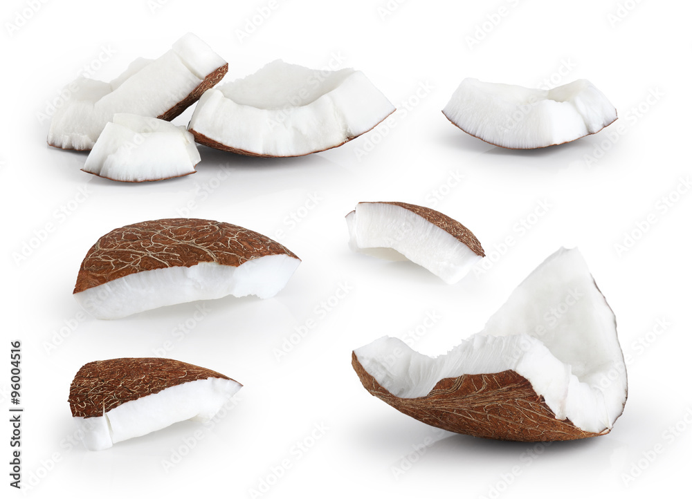 Coconut pieces isolated on a white background. - obrazy, fototapety, plakaty 