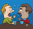 © blambca - Two drunk, cartoon men having a coversation over drinks in a dark pub.