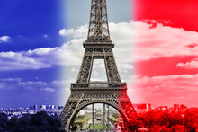 Eiffel Tower In Paris On Background Of French Flag, France