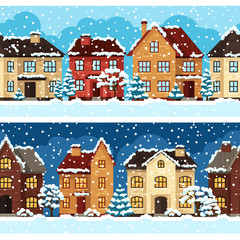 Winter urban landscape pattern with houses and trees