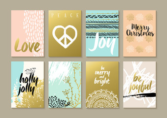 Merry christmas retro hipster boho hippie card set