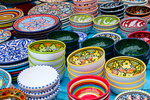 Colorful Bowls With Ornament On A Street Market, Horizontal View