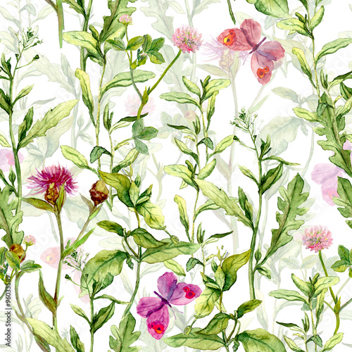 Cotton fabric Frühling Garten: Rasen, Kräuter und Blumen mit Schmetterlingen. Vintage-Aquarell. Retro-nahtlose Muster