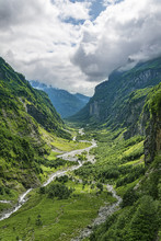 Fantastic View Of Green Valley In Canyon With River