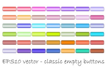 Set of classic empty web buttons in different color shades. Useful for hover effect. Soft and vivid color gradient, fine frame.