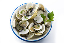 Open Clams With Parsley On Blue Napkin, Isolated Background