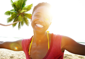 Canvas Print - African Woman Beach Happiness Freedom Concept