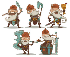 Vector Set of Dwarfs. Cartoon image of five funny dwarfs with white beards and mustaches in brown helmets in different poses and with different cold weapons in the hands on a white background.