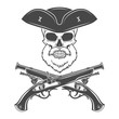 Captain skull with beard in cocked hat vector. Edward Teach logo template. death t-shirt design. Victorian musket insignia concept
