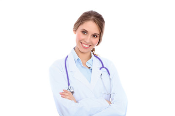 Friendly smiling young female doctor, isolated over white background