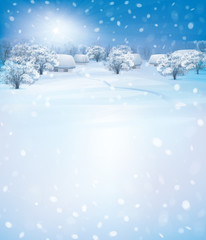 Wall Mural - vector winter landscape with houses in forest.