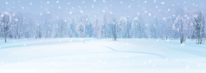 Wall Mural - vector winter landscape with forest background.