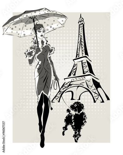 Fototapeta na wymiar illustration Fashion woman near Eiffel Tower with little dog