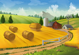 Farm, rural landscape vector background
