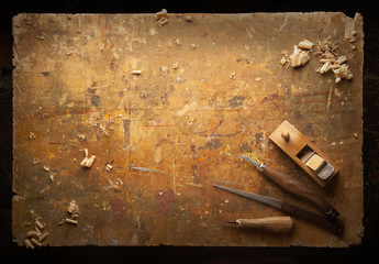 Hand tools Wood on an old wooden workbench