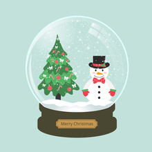 Christmas Snow Globe With Snowman And Fir-tree