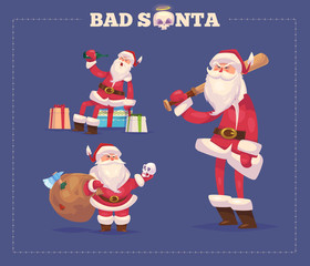 Set of the bad Santa. Christmas greeting card background poster. Vector illustration