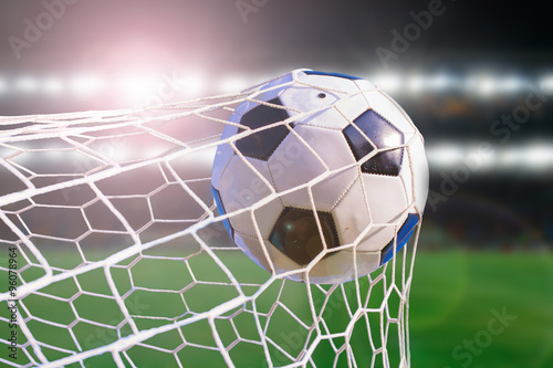 Soccer Ball Hit The Net Success Goal Concept On Stadium Light Ba Stock Photo Adobe Stock