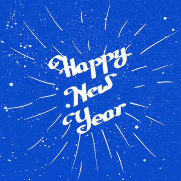 Hand-drawn Happy New Year with ink beam over blue