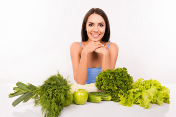 Poster - Happy slim woman showing vegetarian healthy lifestyle